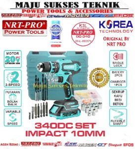 NRT-PRO DC 340 Set Bor Cordless Drill Baterai Tangan Beton Impact Tembok 20 V 20V Mesin DC340