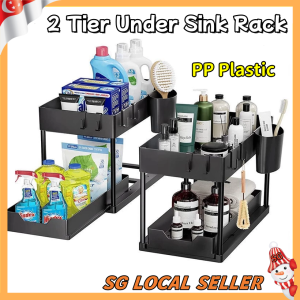 [SG STOCK]2 Tier Under Sink Rack/PP Plastic Kitchen Shelf Storage/ Kitchen Cabinet Drawer