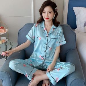 ❤️Ready Stock ❤️ Satin Suit Nightwear Pajamas Baju Tidur Wanita Short Sleeve Long Pant Design Printed Pajamas Sleepwear Pyjamas Set LS03