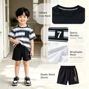 AILEBE Kids Sets Sporty Letter Print Striped Short Sleeve Tee Shorts Set Lightweight Fabric Summer Wear Elastic Waistband Easy Self-Dressing Perfect For School Beach Daily Pambahay OOTD Baby Boys 0-5 Years