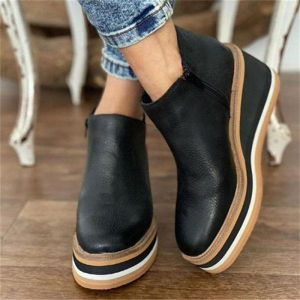 Plus Size Wedge Short Boots Women 2023 Autumn and Winter New European and American Flat Side Zipper round Head Solid Color Ankle Boots Platform Leather Boots