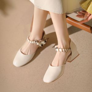 Summer New French Toe Sandals: Pearl Retro Women's Block Heel