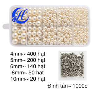 Combo hạt ngọc nhựa không lỗ nhiều size 4mm-10mm có hộp kèm 1000 đinh tán - phụ kiện may vá handmade