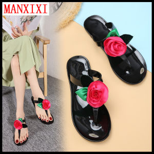 MANXIXI Fashion Women Flip Flop Bohemian Style Beautiful Rose Flowers Jelly Flat Slippers (Size 36-41)