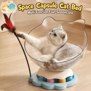 Space Capsule Cat Bed 2 In 1 Play Sleep Cat Nest With Spinning Ball Toy Semi Enclosed Pet House Four Seasons Universal For Indoor Cats