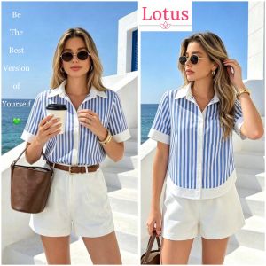 Lotus Áo Sơ Mi Nữ Tay Ngắn Dáng Suông Mặc Đi Làm Đi Chơi Du Lịch Đi Biển Áo Sơ Mi Nữ Kẻ Sọc Xanh Trắng Đẹp Sơ Mi Công Sở Thanh Lịch Form Rộng Cài Cúc Có Túi Trước Áo Kiểu Nữ Form Suông Áo Sơ Mi Sọc Dọc Màu Xanh Biển Phối Viền Màu Trắng