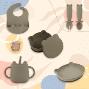 LWL KUMA 6-Piece Baby Feeding Set | Silicone Suction Bowl w Lid Plate Bib Straw Cup Spoon Fork