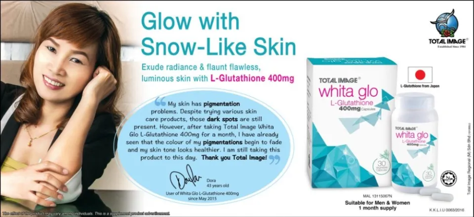TOTAL IMAGE WHITA GLO L-GLUTATHIONE 400MG 30'S (Suplemen Pemutih Kulit / Supplement for skin whitening) | Lazada TOTAL IMAGE WHITA GLO L-GLUTATHIONE 400MG 30'S (Suplemen Pemutih Kulit / Supplement for skin whitening) | Lazada