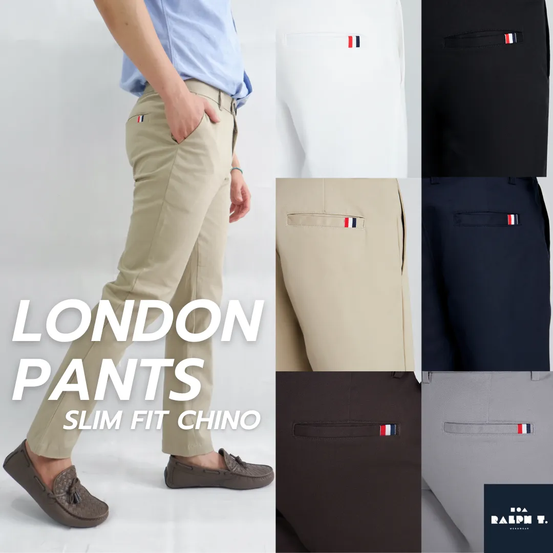RALPH T OFFICIAL กางเกงขายาวผู้ชาย กางเกงชิโน่ ทรงกระบอกเล็ก ธง 3 สี SLIM FIT LONDON PANTS - สแล็ค สีดำ สีกรม สีกากี สีขาว สีเทาอ่อน