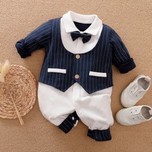 Baby Clothes Sets For Baby Boys Gentleman Sporty Style Bowknot Decor Long-sleeve Jumpsuit Bodysuit Jumpsuit Romper