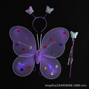 3Pcs Butterfly Costume Light Up Fairy Dress Up Set Glowing Butterfly Fairy Wings Princess Magic Wand