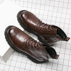 Chunky Boots for Men Genuine Leather Non-slip Military Ankle Boots Motorcycle Men Boots Lace-up Male Shoes
