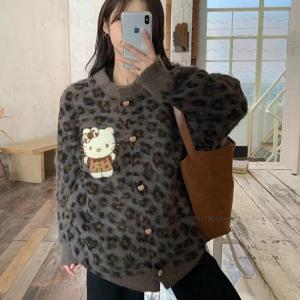 Anime Sanrios Hello Kitty Cardigan Sweater Knitting Coat Cartoon Leopard Print Versatile Leisure Preppy Style Tops Girls Coat