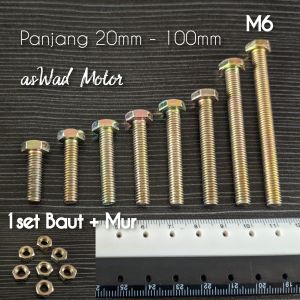 (10pcs) Baut Mur kuning M6x30mm / BMK M6x30mm / BMK K10 M6x30mm / Baut BMK K10 M6x3cm + Mur / Baut Mur Kunci 10 x 3cm