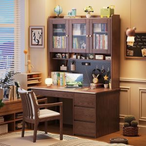 Solid wood embossed desk with bookshelf integrated office desk home computer desk large storage capacity student writing and study desk