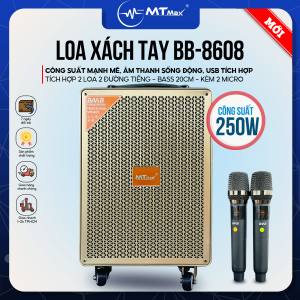 Loa Kéo Di Động BB-8608 Công Suất 250W Mạch Loa Cao Cấp Bass Đánh Siêu Lực Chuyên Nhạc Trẻ Bolero Kèm 2 Micro Không Dây Cao Cấp Hát Karaoke