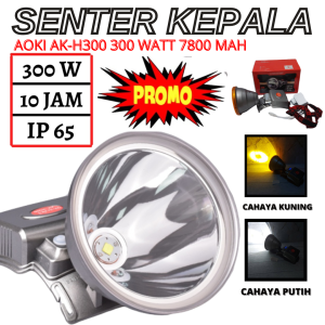 Senter Aoki Ak H300 ~ Senter Kepala Jumbo Led Cahaya Putih Kuning 300W Premium 300 Watt Super LED Baterai Lithium 7800mAh Super Terang Cahaya Putih dan Kuning
