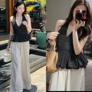 Set đồ nữ thiết kế mặc hè set áo yếm Đũi chấm bi bồng có mút ngực kèm quần Đũi suông phối bèo đi biển