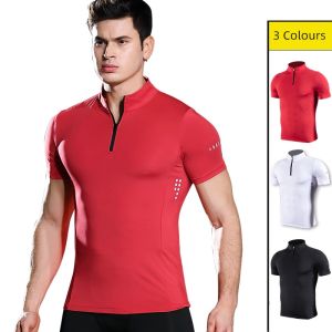 Men Quick Dry Workout Training short Sleeve Compression T-Shirt Gym Running Pullover Zipper High Collar Exercise Sports Tops Golf Athletic High stretch Baselayer Clothes
