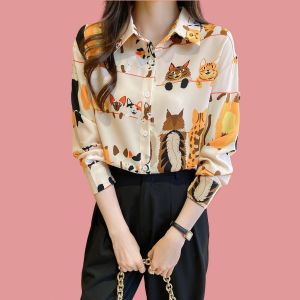 Kain Berkualitas Tinggi Fashion Korea Cetakan kartun aprikot Kemeja Profesional Lengan Panjang Wanita Atasan Resor Kasual