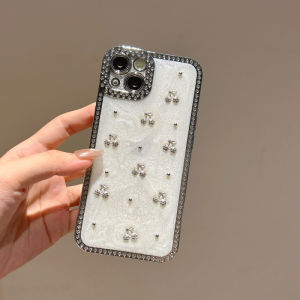 3D Inlaid Rhinestone Cherry Electroplating Soft Case for iPhone 13 14 15 16 17 Pro Max Water Drill Enclosure Border Protection Cover for iPhone 16 Pro Max Case