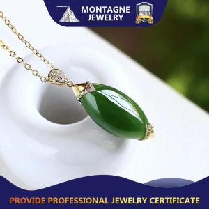 Montagne Jewelry 18k Pure Gold Pendant Diamond Inset Design Fine Jewellery Natural 30*12*6.6mm Green Jade Pendant Necklace