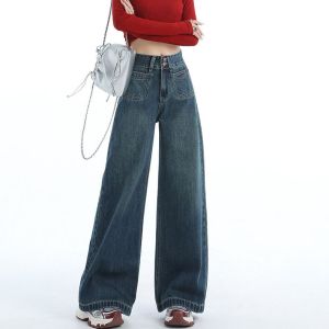 S-5XL Wanita Celana Jeans Celana Panjang Pinggang Tinggi Lurus Celana Kaki Lebar Desain Kancing Ganda