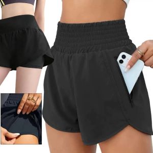High Waist Sports Shorts Two Layer Zipper Pocket Quick Dry Breathable Gym Running Yoga Lounge