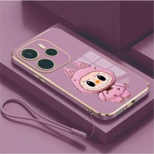 Case Redmi Note 14 4G 14 5G 14 Pro 5G 14 Pro Plus 5G Labubu Mirror Stand Premium Silicon Plating Free Lanyard