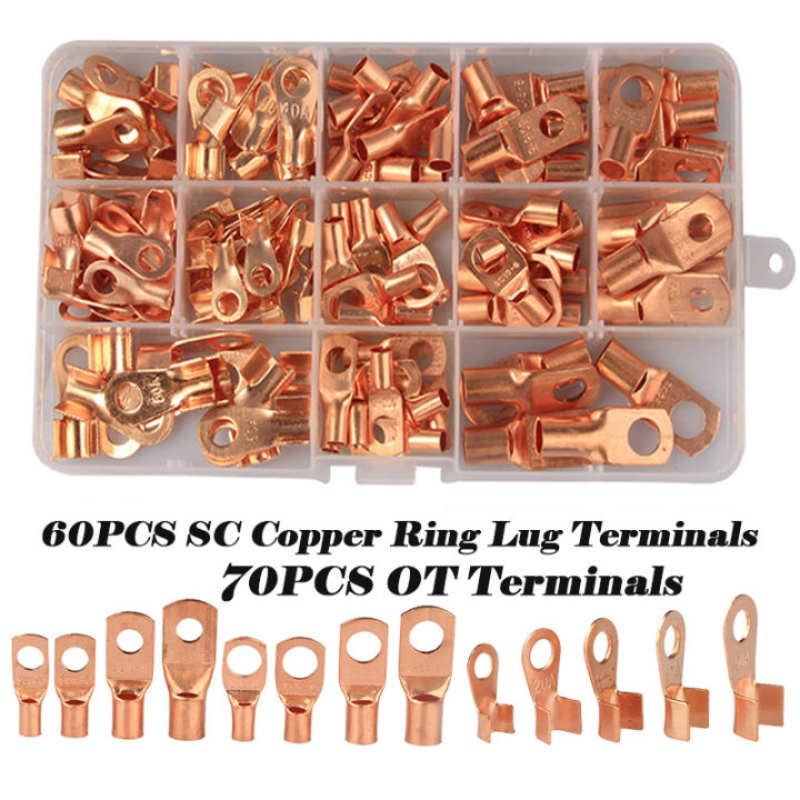 130PCS SC Copper Ring Lug Terminals OT Wire Naked Battery Cable