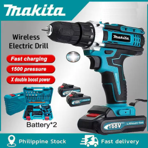 JAPAN Makita Original Electric Impact Drill 168V Cordless Hand Drill Power Tools Hammer Drill Drill Double-Speed Cordless Drill 2 Li-Ion Battery Multifunctional Electric Drill Screwdriver with LED Light Accessory Set