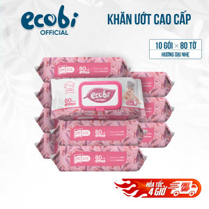 Thùng 10 gói khăn giấy ướt cao cấp cho bé Ecobi gói 80 tờ 560g Hương dịu nhẹ không parabens