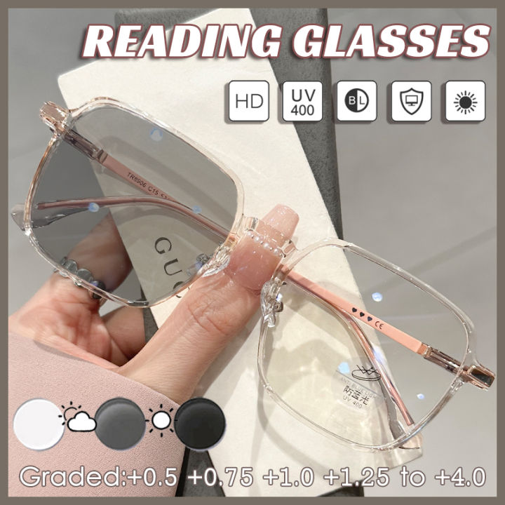 Graded Photochromic Reading Glasses 50 75 100 125 Anti Blue Light Farsighted Eyeglasses 