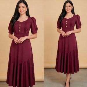 Elegant Large Skirt Hem Asymmetrical Full Midi Dress Solid-color Vintage L2366