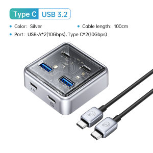 ORICO Zinc Alloy Fast Heat Dissipation Transparent 10Gbps Usb Hub with 4USB 2Type C USB3.2 Hub Adapter Splitter Suitable for Laptop PC