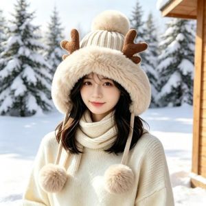 538TD Windproof Deer Antler Beanie Thickened Thermal Ear Protection Cap Plush Pom Beanie Elastic Warm Earflap Hat Cycling