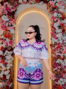 ชุดเซ็ทผู้หญิง ชุดเซ็ทพิมพ์ลายดอกไม้โบฮีเมียนสุดเก๋ สีขาว ม่วง ผ้าโพลีเอสเตอร์ผสมคอตตอน