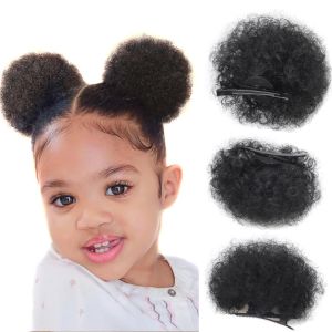 EXCES Short Kinky Bun Afro Puff Hair Bun Curly Hairpiece Black Synthetic Ponytail Extension Fluffy Afro Puffs Kinky Bun with Clips for Kids