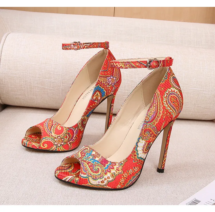 YUCHEN inches Sandals for Women With Heels Sandals Ladies Stiletto  Print Flower High heeled Sandal Shoes Big Size 35-46