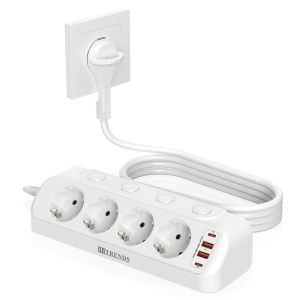 Flat 90-degree power strip with 4 AC outlets 2 USB ports and 2 Type C PD20W fast-charging ports. European standard plug 3-meter long cable for home use.