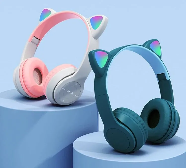 Headset Bluetooth Extra Bass LED Color Light Cute Cat Ear