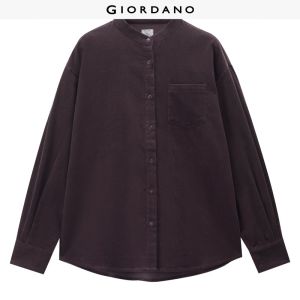 Giordano Women Cotton corduroy band collar long sleeve shirt Free Shipping 05346869