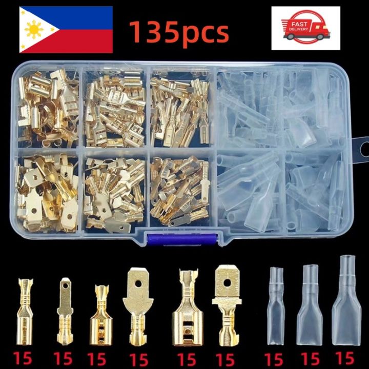 135PCS 6.3mm Brass Male Female Wire Spade Connector Quick Splice Crimp Terminals, 25PCS 3 Way Adapter Piggyback, Non Insulated Connectors for Car