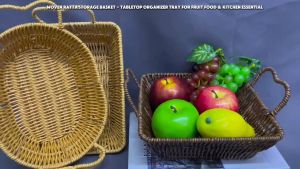 Woven Rattan Storage Basket – Tabletop Organizer Tray for Fruit Food & Kitchen Essentials