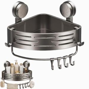 GLOBECART Suction Cups Corner Shower Rack with Towel Bar Hook No Drill Suction Triangle Storage Rack Multi-function Aluminum Shower Storage Rack Holder Kitchen