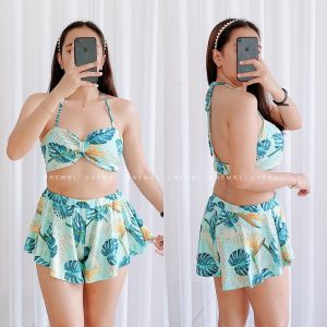 DNEMNLPH Celestine 3in1 Floral Self Tie Padded Bikini Swimsuit Shorts Set - BKK Cotton Beach Dolphin Garter Summer Terno Coordinates Freesize COD