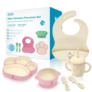 Dr.lsla Set Penyusuan Bayi Silikon Bebas BPA 5 Keping Pinggan Pinggan Mangkuk Tahan Panas Sudu Garpu DBT05