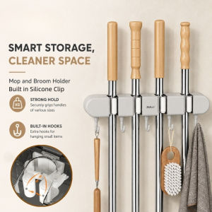 4 Slots Punch-free Wall Mount Mop Organizer Rack with Hooks and Clips for Toilet&Kitchen Utensils