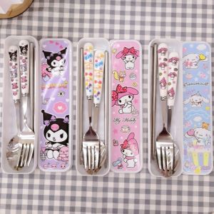 Kawaii Sanrio Tableware Hello Kitty Chopsticks Spoon Fork Cartoon Cute Kuromi My Melody Anime Student Family Soup Stainless Steel Toys Girls