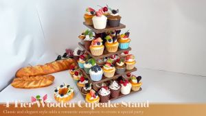 Wooden Cupcake Display Stand Square 360° Rotation Dessert Tower Rack Cupcake Muffin Pastry Holder for Birthday Baptism Baby Shower Wedding Party Buffet Decor
